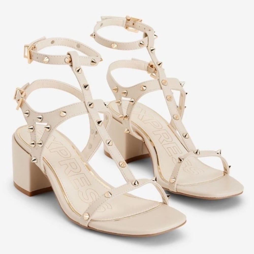 Express Cream Studded Sandals with Block Heel